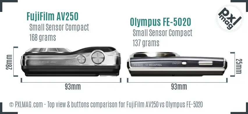 FujiFilm AV250 vs Olympus FE-5020 top view buttons comparison