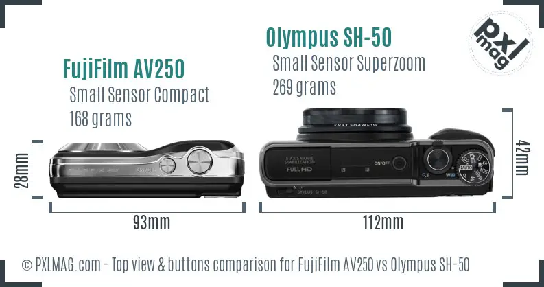 FujiFilm AV250 vs Olympus SH-50 top view buttons comparison