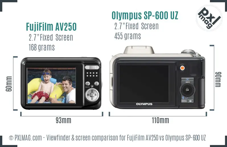 FujiFilm AV250 vs Olympus SP-600 UZ Screen and Viewfinder comparison