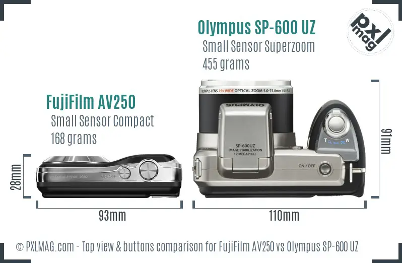 FujiFilm AV250 vs Olympus SP-600 UZ top view buttons comparison