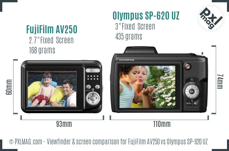 FujiFilm AV250 vs Olympus SP-620 UZ Screen and Viewfinder comparison