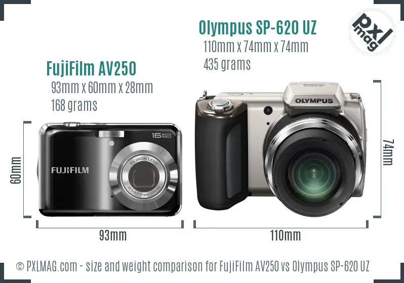 FujiFilm AV250 vs Olympus SP-620 UZ size comparison FujiFilm AV250 vs Olympus SP-620 UZ size comparison