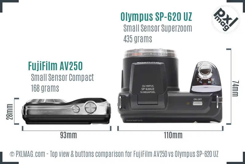FujiFilm AV250 vs Olympus SP-620 UZ top view buttons comparison