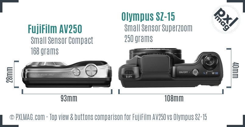 FujiFilm AV250 vs Olympus SZ-15 top view buttons comparison