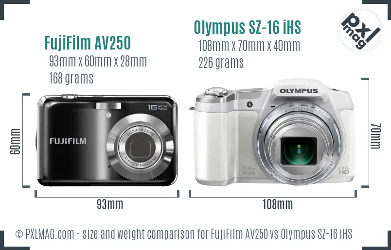 FujiFilm AV250 vs Olympus SZ-16 iHS size comparison FujiFilm AV250 vs Olympus SZ-16 iHS size comparison