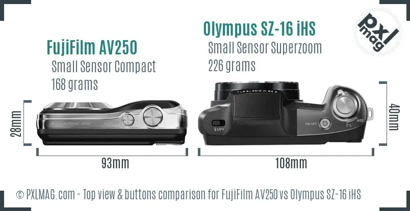 FujiFilm AV250 vs Olympus SZ-16 iHS top view buttons comparison FujiFilm AV250 vs Olympus SZ-16 iHS top view buttons comparison