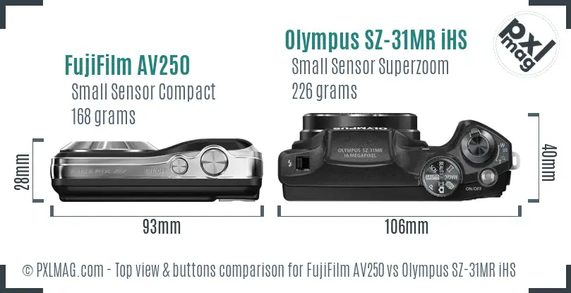 FujiFilm AV250 vs Olympus SZ-31MR iHS top view buttons comparison FujiFilm AV250 vs Olympus SZ-31MR iHS top view buttons comparison