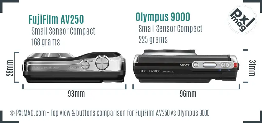 FujiFilm AV250 vs Olympus 9000 top view buttons comparison FujiFilm AV250 vs Olympus 9000 top view buttons comparison
