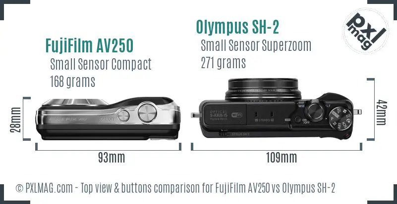FujiFilm AV250 vs Olympus SH-2 top view buttons comparison FujiFilm AV250 vs Olympus SH-2 top view buttons comparison