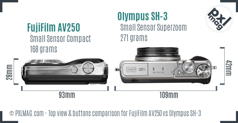 FujiFilm AV250 vs Olympus SH-3 top view buttons comparison