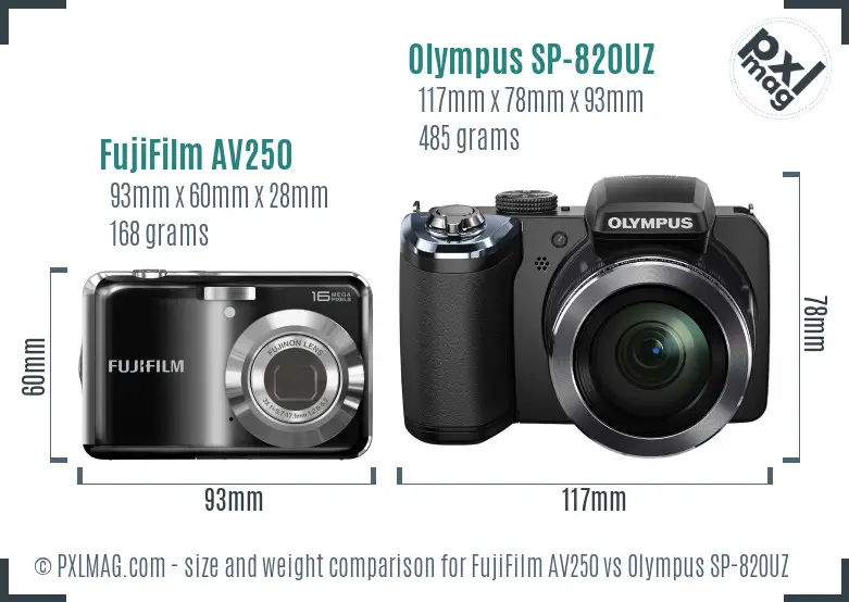 FujiFilm AV250 vs Olympus SP-820UZ size comparison FujiFilm AV250 vs Olympus SP-820UZ size comparison