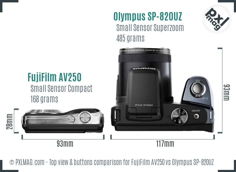 FujiFilm AV250 vs Olympus SP-820UZ top view buttons comparison FujiFilm AV250 vs Olympus SP-820UZ top view buttons comparison
