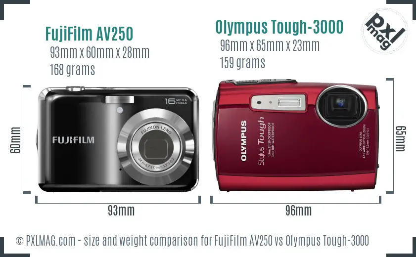 FujiFilm AV250 vs Olympus Tough-3000 size comparison
