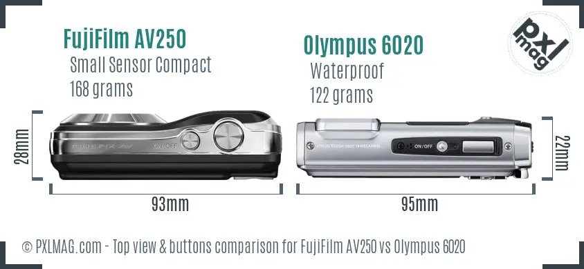 FujiFilm AV250 vs Olympus 6020 top view buttons comparison FujiFilm AV250 vs Olympus 6020 top view buttons comparison