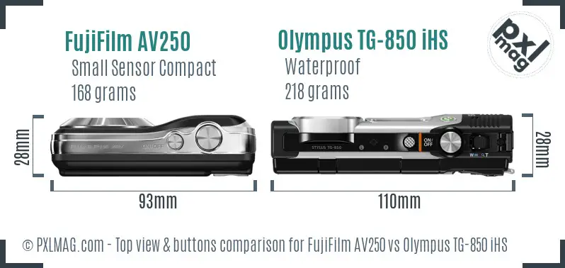 FujiFilm AV250 vs Olympus TG-850 iHS top view buttons comparison