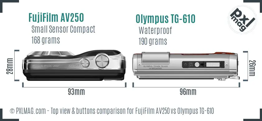 FujiFilm AV250 vs Olympus TG-610 top view buttons comparison
