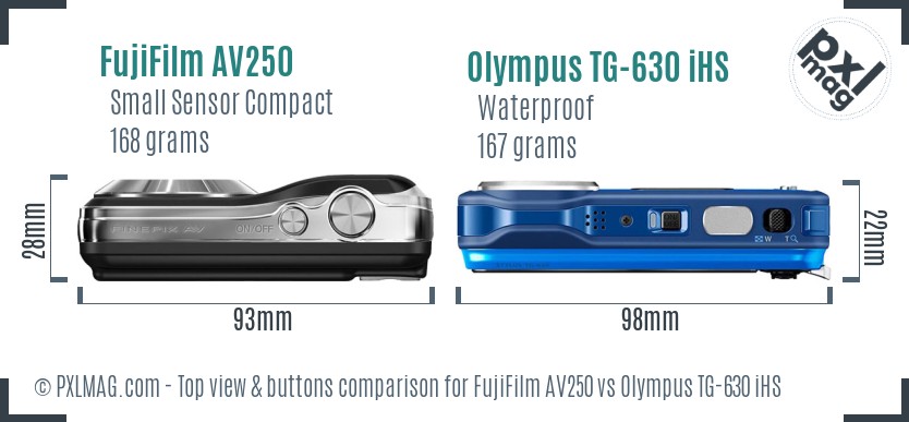 FujiFilm AV250 vs Olympus TG-630 iHS top view buttons comparison