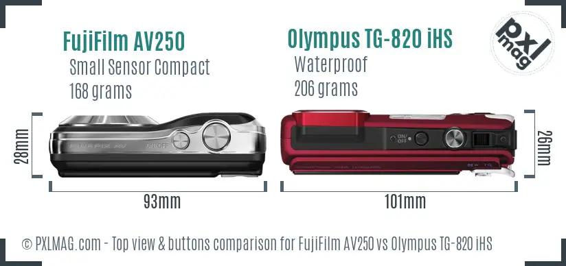 FujiFilm AV250 vs Olympus TG-820 iHS top view buttons comparison