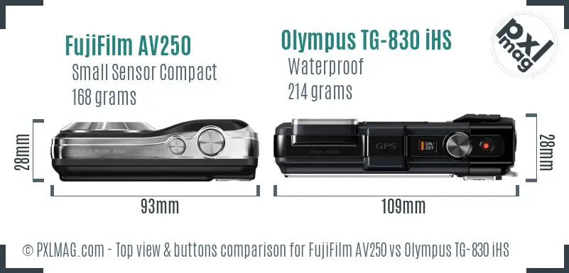 FujiFilm AV250 vs Olympus TG-830 iHS top view buttons comparison FujiFilm AV250 vs Olympus TG-830 iHS top view buttons comparison