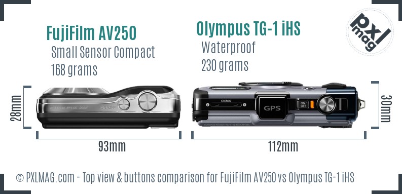 FujiFilm AV250 vs Olympus TG-1 iHS top view buttons comparison