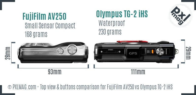 FujiFilm AV250 vs Olympus TG-2 iHS top view buttons comparison