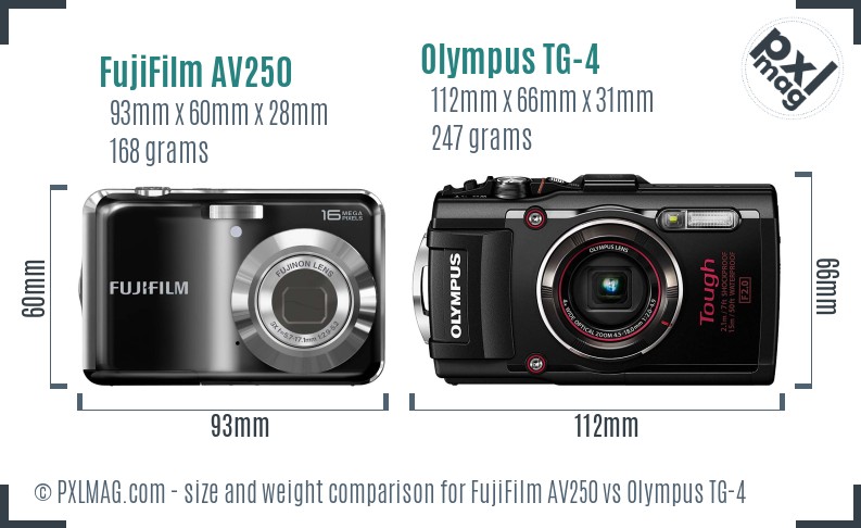 FujiFilm AV250 vs Olympus TG-4 size comparison