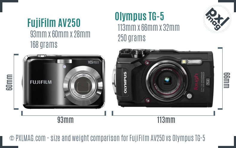 FujiFilm AV250 vs Olympus TG-5 size comparison