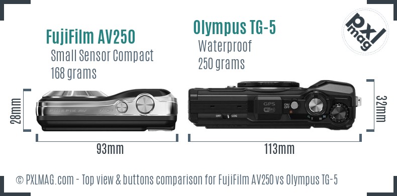 FujiFilm AV250 vs Olympus TG-5 top view buttons comparison
