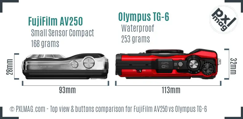 FujiFilm AV250 vs Olympus TG-6 top view buttons comparison FujiFilm AV250 vs Olympus TG-6 top view buttons comparison