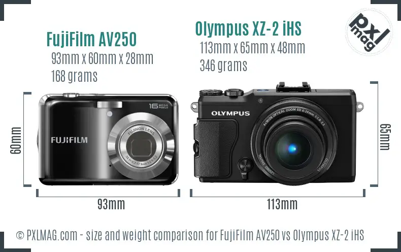 FujiFilm AV250 vs Olympus XZ-2 iHS size comparison