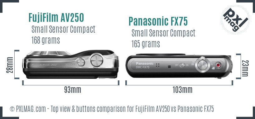 FujiFilm AV250 vs Panasonic FX75 top view buttons comparison
