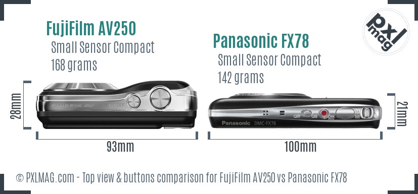 FujiFilm AV250 vs Panasonic FX78 top view buttons comparison