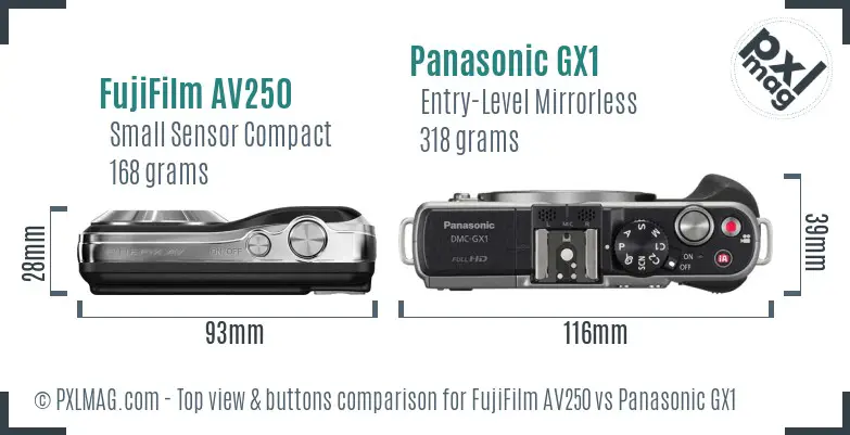 FujiFilm AV250 vs Panasonic GX1 top view buttons comparison