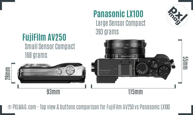 FujiFilm AV250 vs Panasonic LX100 top view buttons comparison