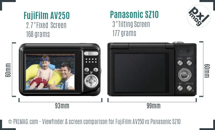 FujiFilm AV250 vs Panasonic SZ10 Screen and Viewfinder comparison