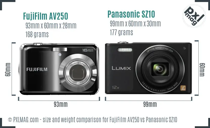 FujiFilm AV250 vs Panasonic SZ10 size comparison