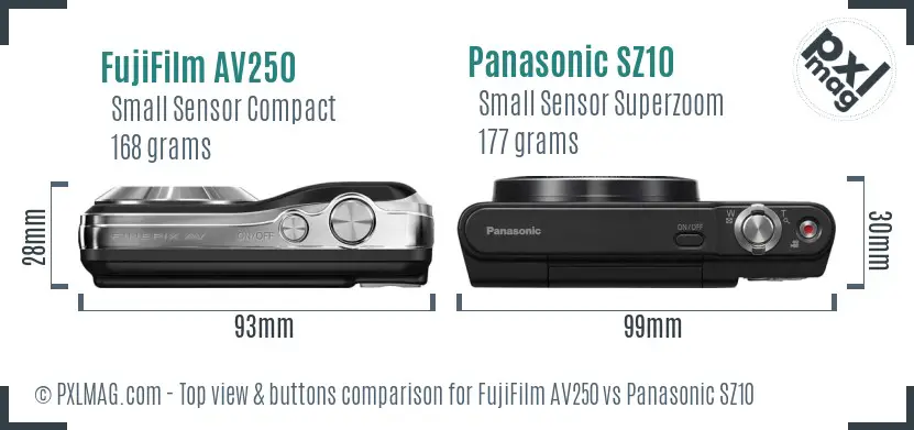 FujiFilm AV250 vs Panasonic SZ10 top view buttons comparison