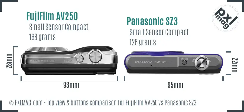 FujiFilm AV250 vs Panasonic SZ3 top view buttons comparison FujiFilm AV250 vs Panasonic SZ3 top view buttons comparison