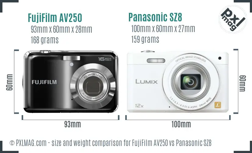 FujiFilm AV250 vs Panasonic SZ8 size comparison