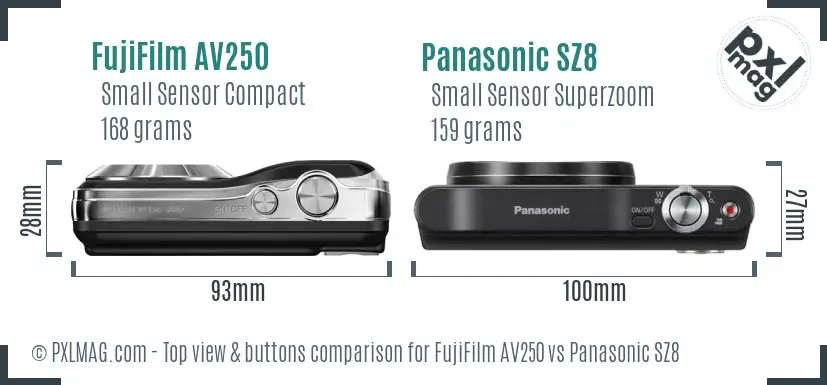 FujiFilm AV250 vs Panasonic SZ8 top view buttons comparison