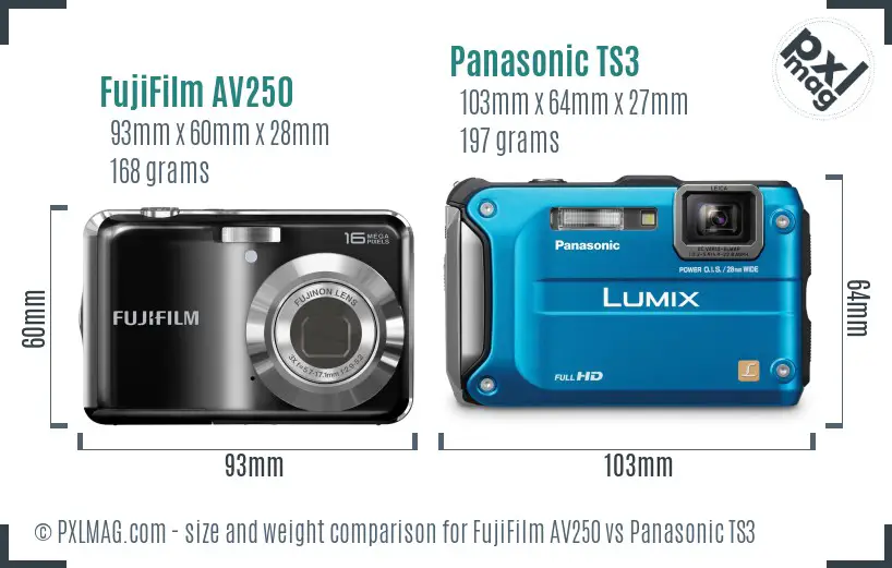 FujiFilm AV250 vs Panasonic TS3 size comparison
