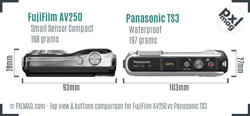 FujiFilm AV250 vs Panasonic TS3 top view buttons comparison