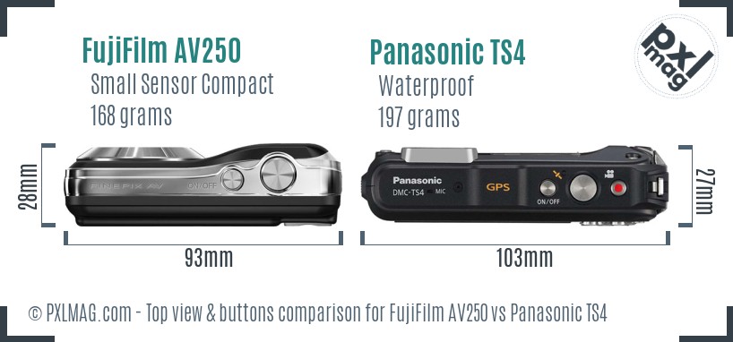 FujiFilm AV250 vs Panasonic TS4 top view buttons comparison