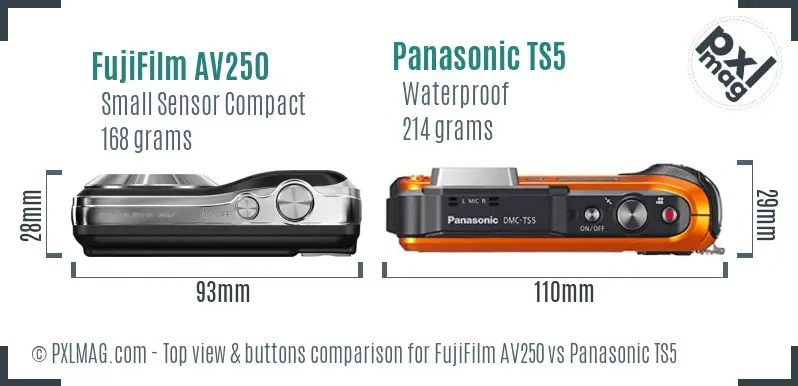 FujiFilm AV250 vs Panasonic TS5 top view buttons comparison