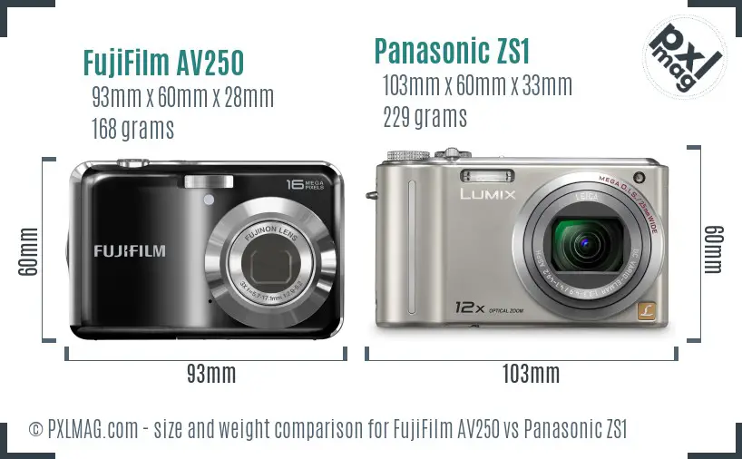FujiFilm AV250 vs Panasonic ZS1 size comparison