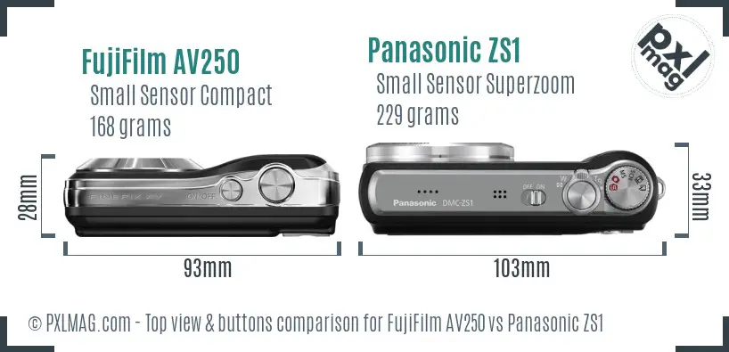 FujiFilm AV250 vs Panasonic ZS1 top view buttons comparison