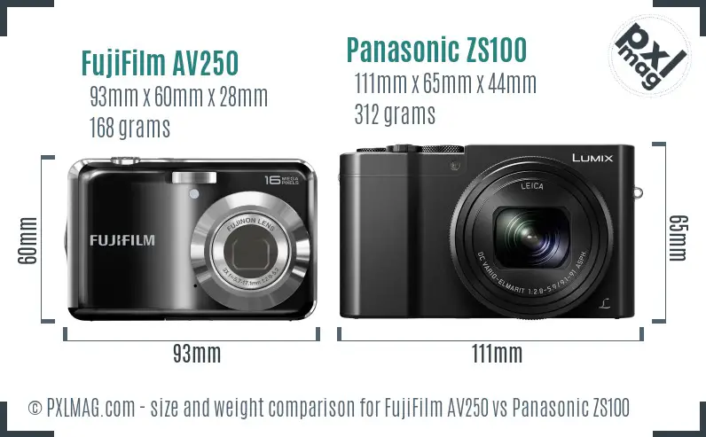 FujiFilm AV250 vs Panasonic ZS100 size comparison