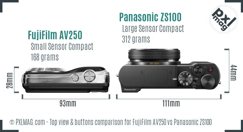 FujiFilm AV250 vs Panasonic ZS100 top view buttons comparison