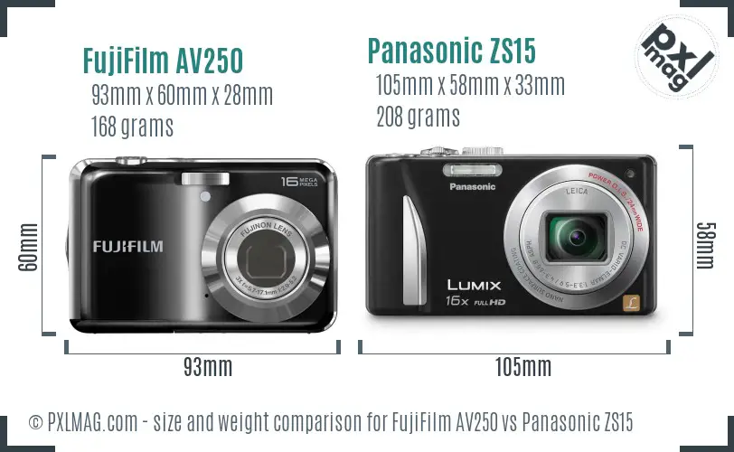 FujiFilm AV250 vs Panasonic ZS15 size comparison