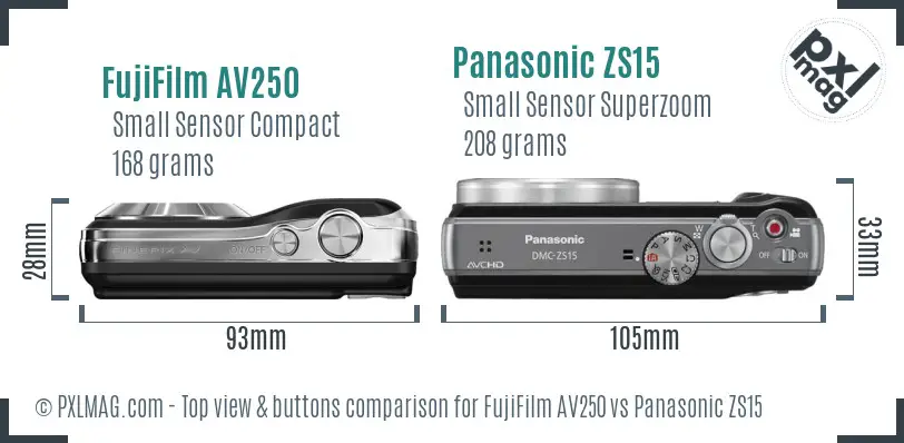 FujiFilm AV250 vs Panasonic ZS15 top view buttons comparison